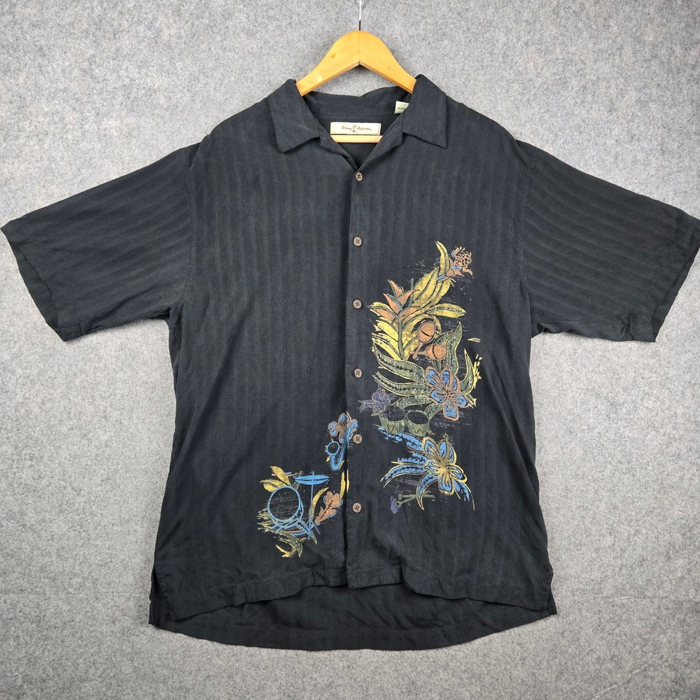 Tommy Camp Bahama Shirt Mens M Black Blues Guitar Floral 100% Silk Aloha Graphic